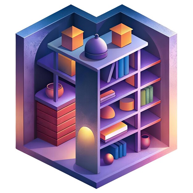 Photo a vibrant isometric illustration of a cozy bookshelf filled with various objects including books boxes and a lamp creating a sense of homeliness and warmth