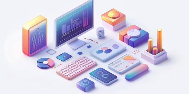 Vibrant isometric illustration showcasing a modern digital workspace with various tech devices and elements