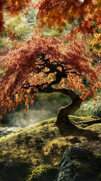 Photo a vibrant japanese maple displays fiery red leaves against a soft backdrop