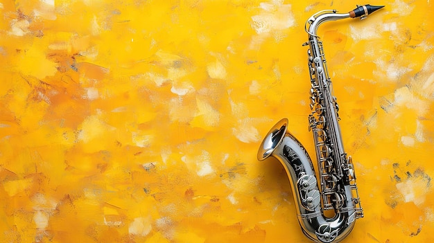 Photo vibrant jazz rhythms saxophone on yellow background with dynamic wave patterns and warm lighting at dusk for magazine photography