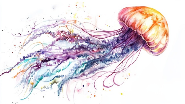 Photo a vibrant jellyfish gracefully swims through colorful waters with flowing tentacles in a dynamic artistic depiction