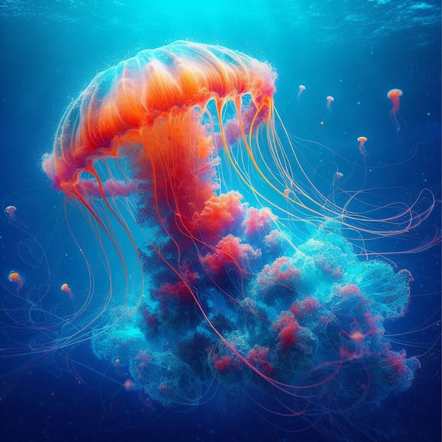 Vibrant jellyfish swimming underwater marine life ecosystem digital rendering of sea jellies in bl