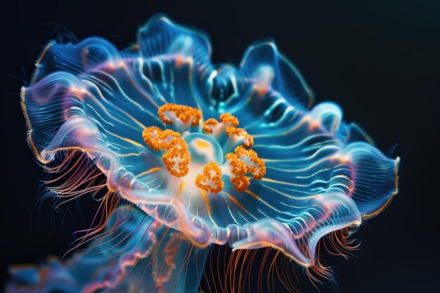 A vibrant jellyfish with neon blue and orange hues floating in a dark underwater environment