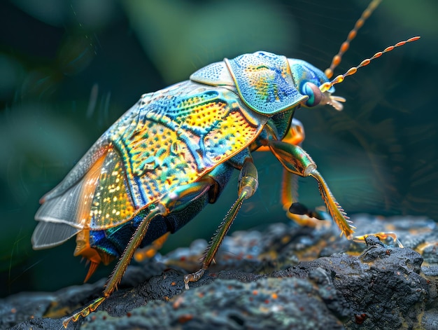 Vibrant Jewel Beetle on a Rocky Surface Macro Photography of Colorful Insect with Detailed