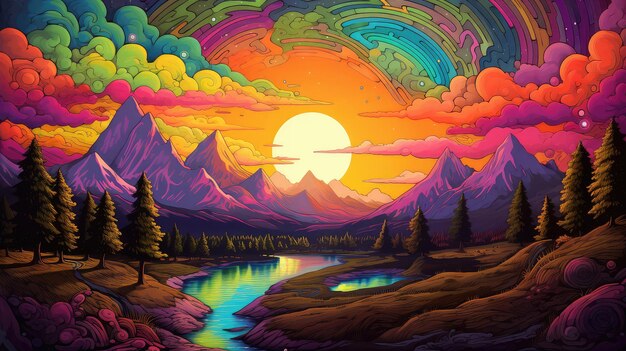 Vibrant Journey Through Time A Retro Psychedelic Landscape Illustration Bursting with Vivid Colors