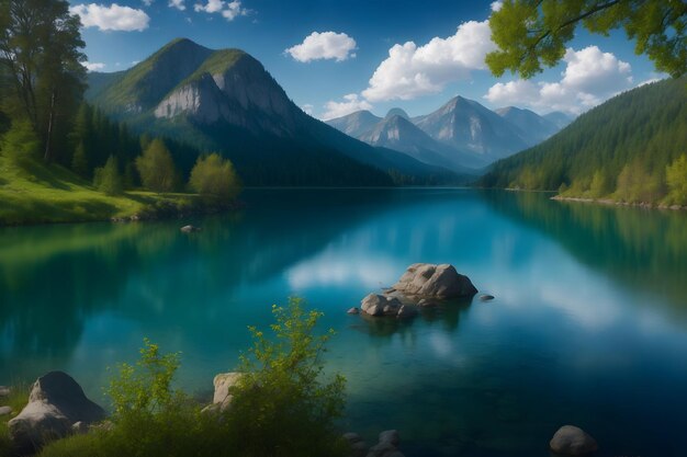 Vibrant and joyful lakeside scene picturesque lakes and rivers generated ai