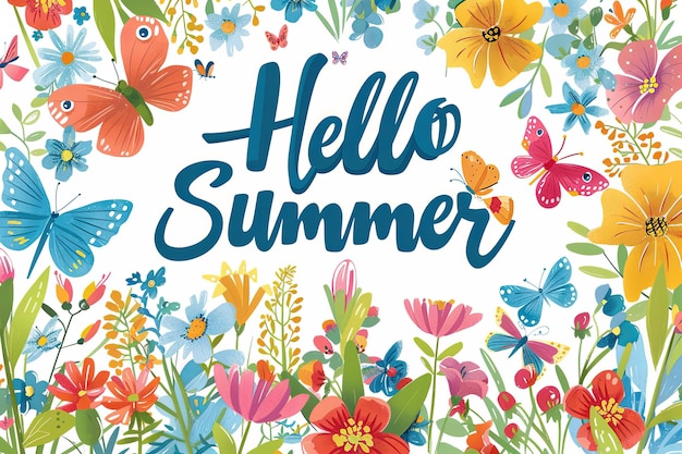 Photo a vibrant and joyful summer scene featuring a variety of blooming flowers with butterflies fluttering about a banner reads hello summer