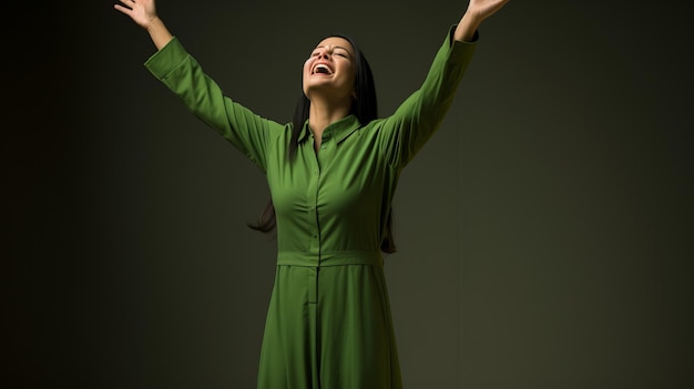 Vibrant and Joyful Woman in Colorful Green Outfit Laughing and Smiling in Studio Setting