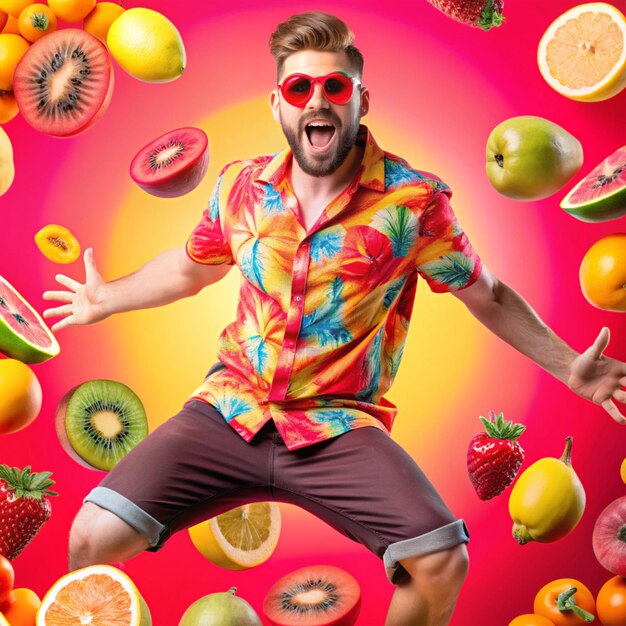 Photo vibrant jumping people surrounded by colorful fruits