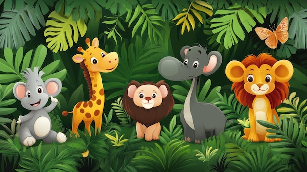 Photo vibrant jungle cartoon animals childrens wallpaper