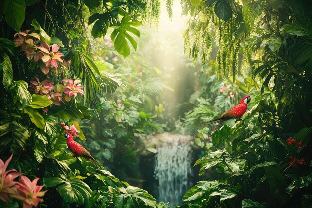 Photo a vibrant jungle scene with lush greenery waterfalls and colorful birds