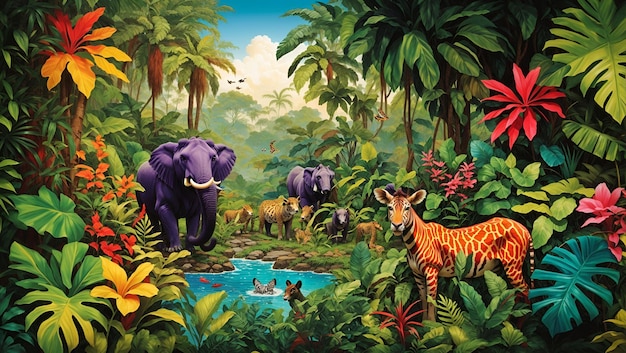 A vibrant jungle scene with a variety of animals peeking out from the lush foliage