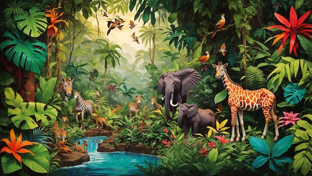 A vibrant jungle scene with a variety of animals peeking out from the lush foliage