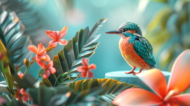 Photo vibrant kingfisher perched amidst lush tropical foliage