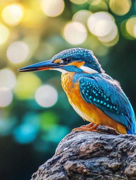 Photo vibrant kingfisher perched on a rock with bokeh background