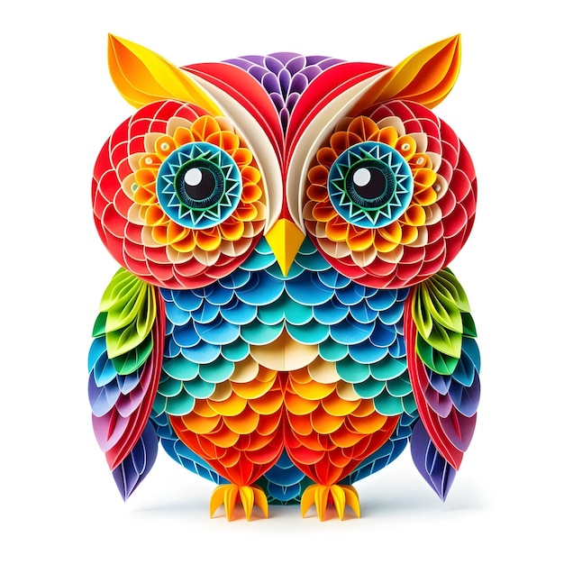 Vibrant Kirigami Owl with Bright Colors on a White Background