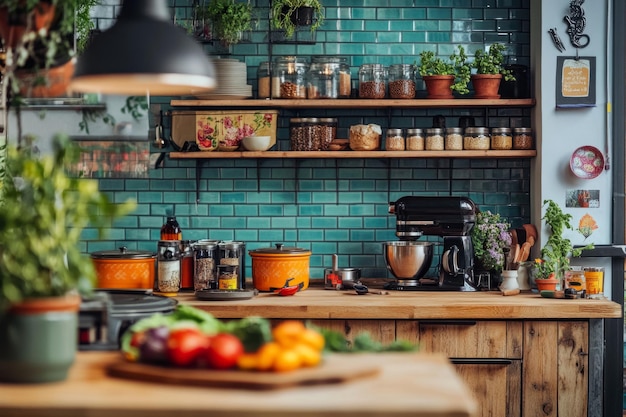 A vibrant kitchen filled with fresh vegetables on a wooden table Colorful jars line the shelves Perfect for cooking lovers This captures the essence of home cooking Generative AI