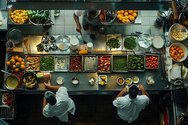 Photo vibrant kitchen scene with chefs preparing fresh ingredients