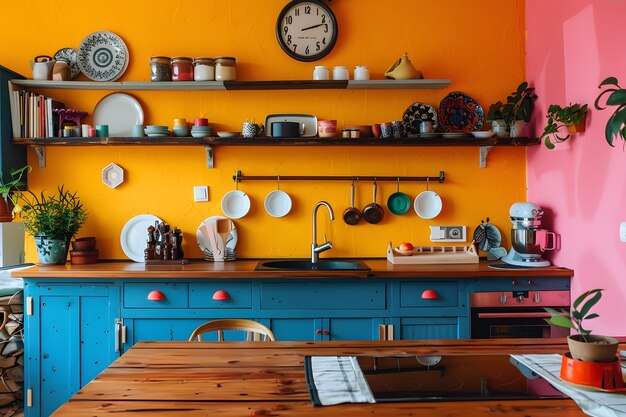 Photo a vibrant kitchen with yellow walls blue cabinets and a wooden table