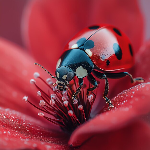 Photo vibrant ladybug resting on red flower petals in a macro shot