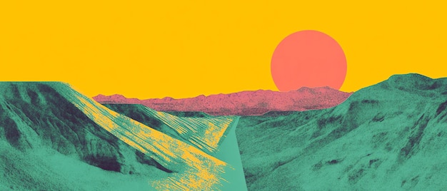 Photo a vibrant landscape featuring colorful hills and a large sun setting against a bold yellow sky creating a surreal atmosphere