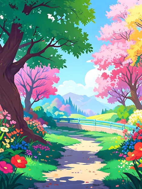 Vibrant landscapes filled with pastel colors in anime style