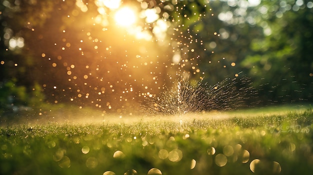 Vibrant Lawn Refresh CloseUp of Garden Sprinkler Showering Water on Fresh Grass