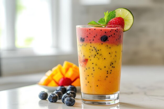 A vibrant layered fruit smoothie in a glass garnished with mint and lime alongside fresh fruit