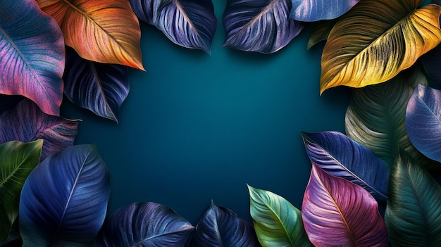 Vibrant Leaf Arrangement on Blue Background