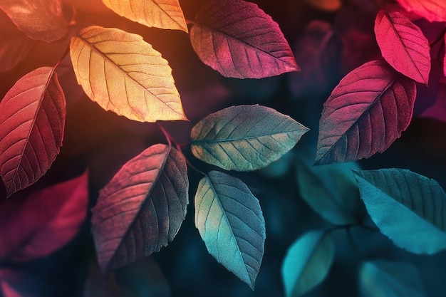 Photo vibrant leaves with a gradient of colors captured during a serene autumn evening