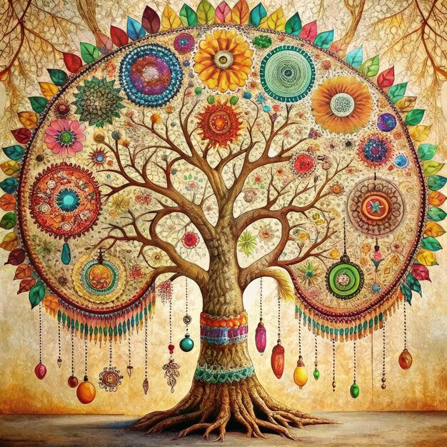 Photo a vibrant life tree adorned with intricate patterns and colorful mandalas generative ai