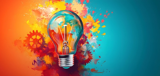 A Vibrant Light Bulb Surrounded by Colorful Gears and Splashes of Paint Signifying Creativity