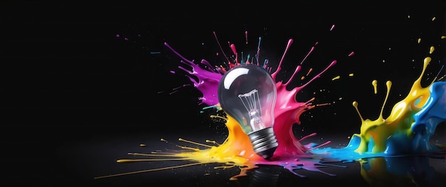 A vibrant lightbulb splashes through colorful paint symbolizing creativity innovation