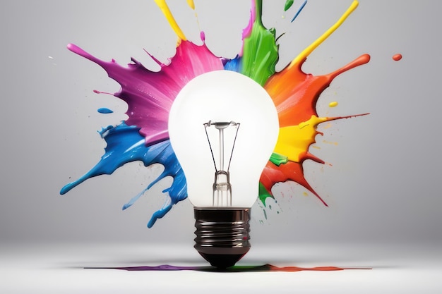 A vibrant lightbulb with a splash of colorful paint symbolizing innovation creativity and ideas