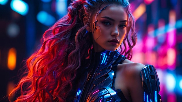 Vibrant Lights And Tech Gear On Futuristic Female Model