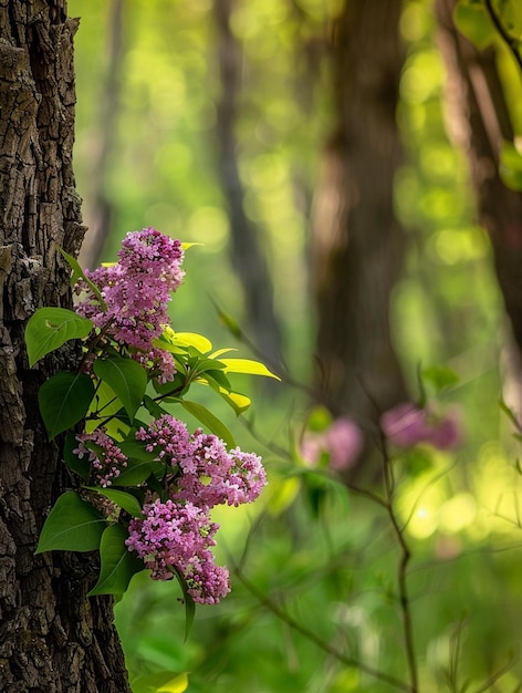 Photo vibrant lilac blooms on tree trunk in serene forest setting