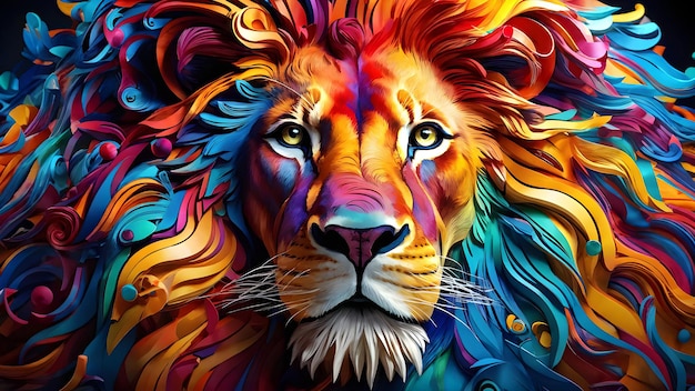 Photo vibrant lion with multicolored mane on dark background perfect for creativity inspiration