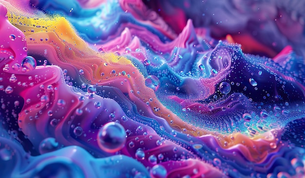 Vibrant liquid texture with colorful abstract patterns and droplets