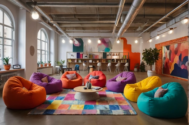 A vibrant lively creative colorful artwork comfortable bean bags and an empty workspace