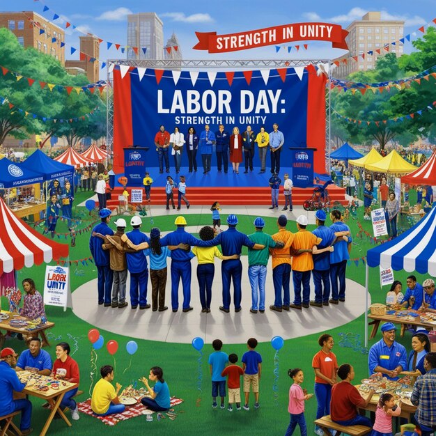 Photo a vibrant and lively image celebrating labor day the scene should be set in sunny park with people