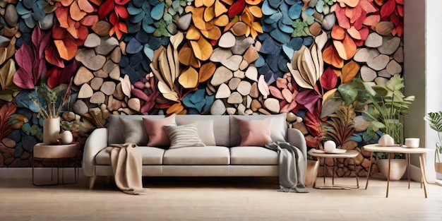 A vibrant living room adorned with a wall mural showcasing a plethora of colorful leaves