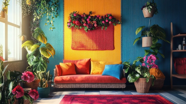 Photo vibrant living room decor with tropical plants and colorful accents