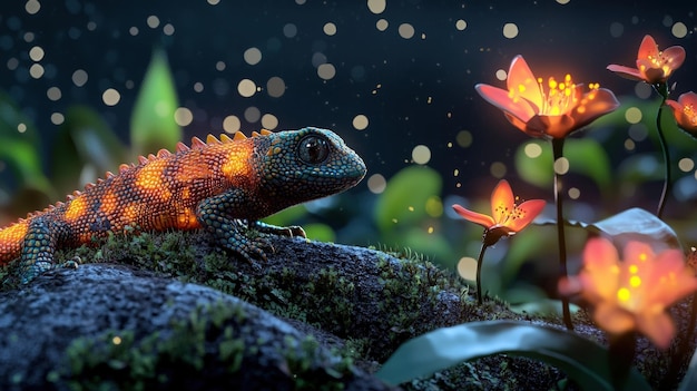 Photo a vibrant lizard illuminated by magical lights surrounded by glowing flowers in a lush enchanting forest setting