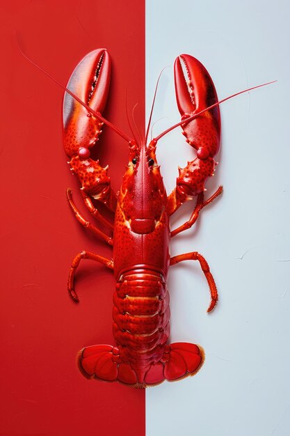 A vibrant lobster on a bold red and white backdrop Perfect for seafood menus or kitchen decor