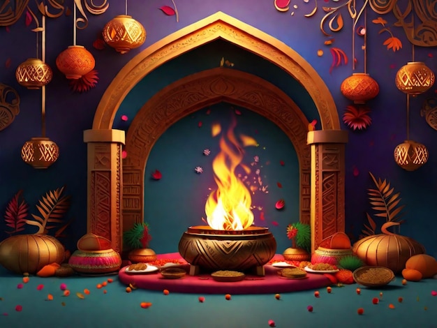 Vibrant Lohri fire in India adorned with beautiful decorations and ornaments