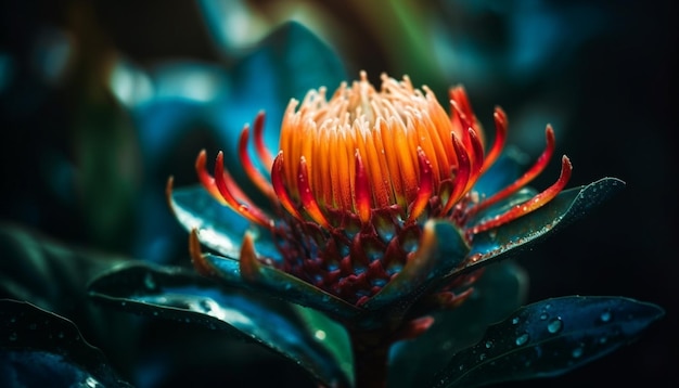 Vibrant lotus blossom in formal garden pond generated by AI