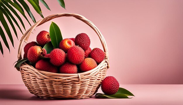 Vibrant lychees in a basket a tropical treat on a white backdrop