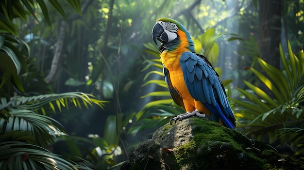 Vibrant Macaw Parrot Perched on MossCovered Rock in Moody Jungle Landscape