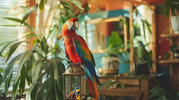 Vibrant Macaw Perched on a Decorative Stand Surrounded by Lush Greenery Inside a Cozy Space