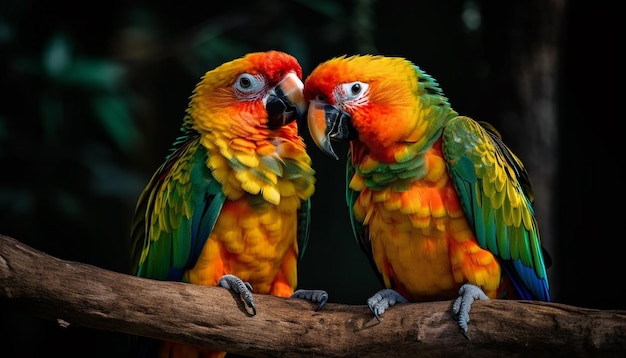 Vibrant macaw perching on branch in nature generated by AI